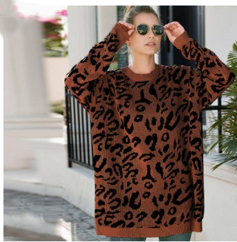 Knitted Long Sleeve Pullover Women's Loose Leopard Print Oversized Sweaters