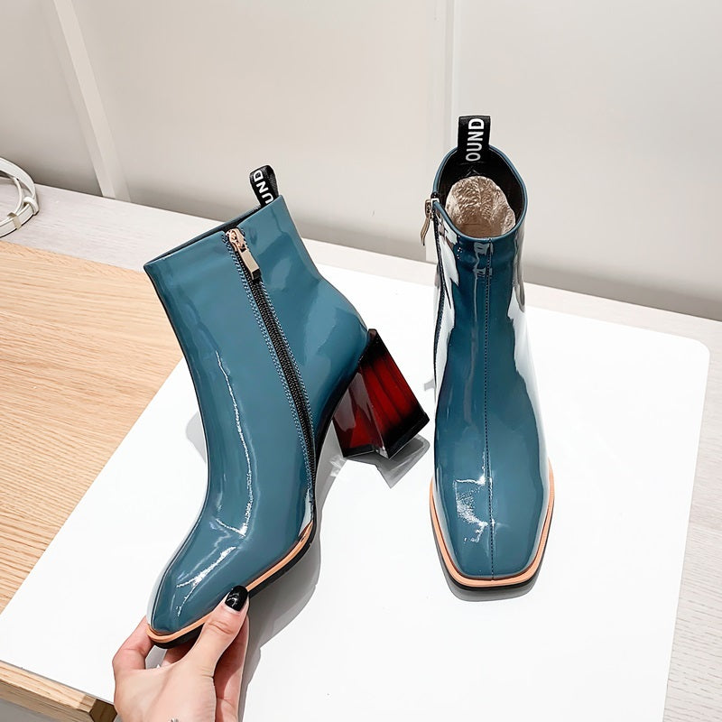 Square Heel Patent Leather Brillant Ankle Boots