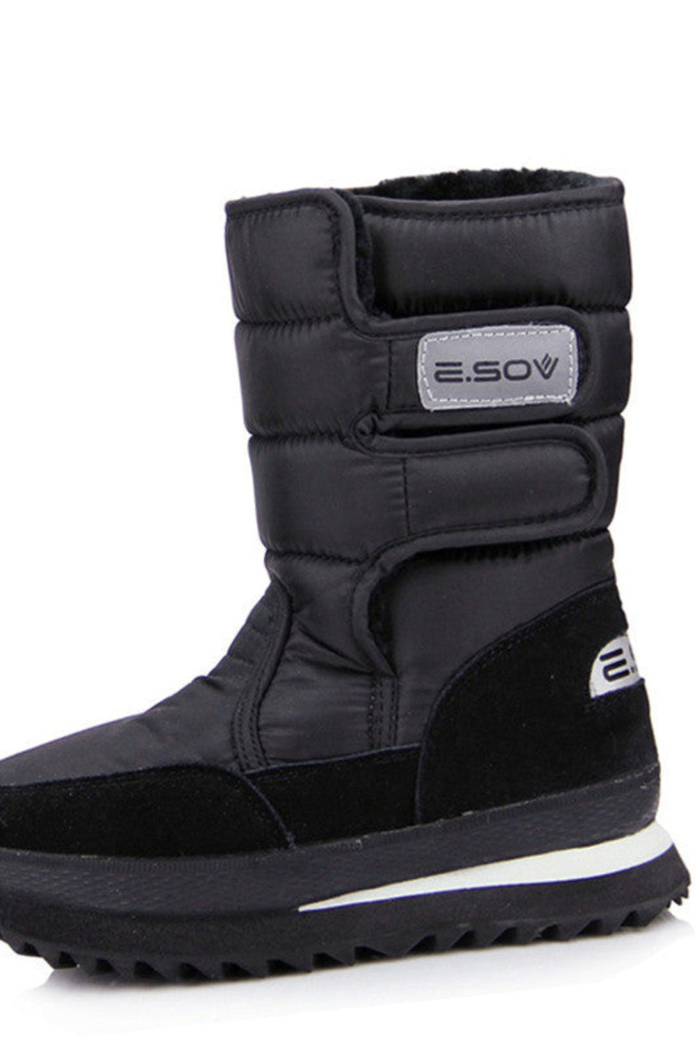 Black winter boot with brand logo on a white background