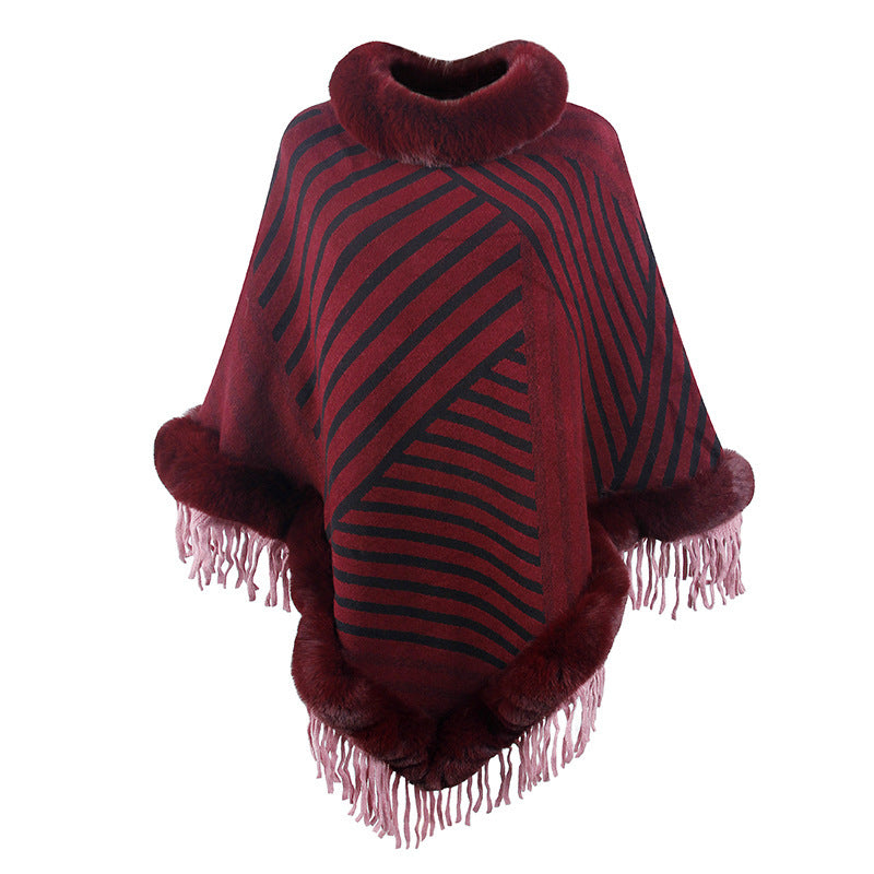 Drizzling Fur Collar Knitted Cape – Cozy Elegance in Every Stripe