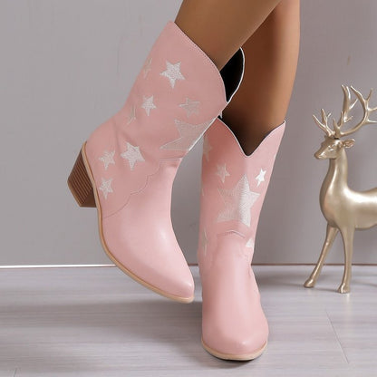 Embroidered Leather Knight Boots for Women | Chunky Heel Western Cowgirl Boots