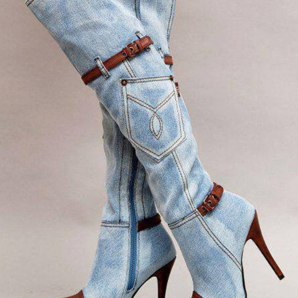 Western Cowgirl Style Denim Long Knee High Boots