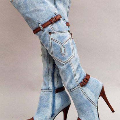 Western Cowgirl Style Denim Long Knee High Boots