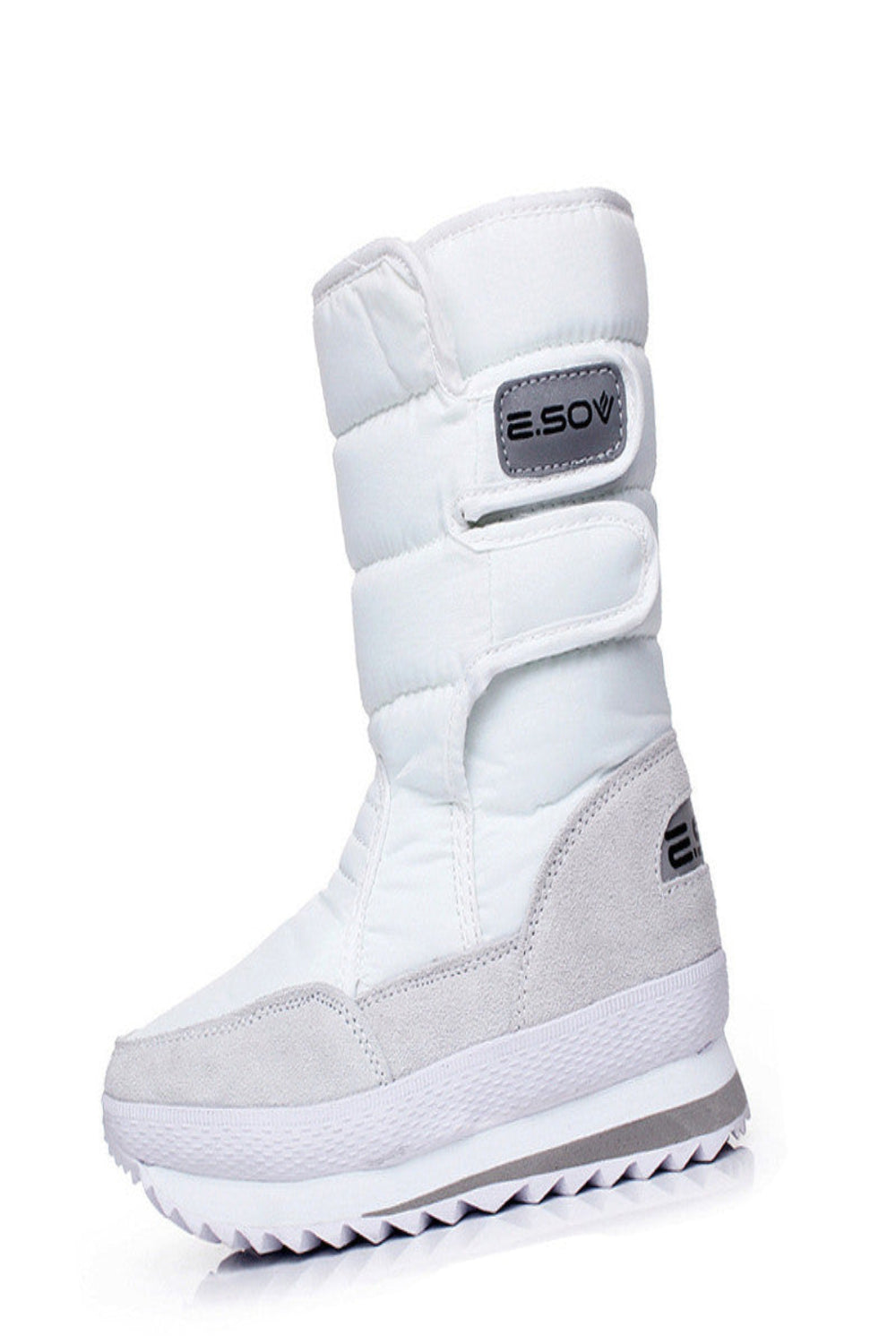 White winter boot with gray sole on a white background