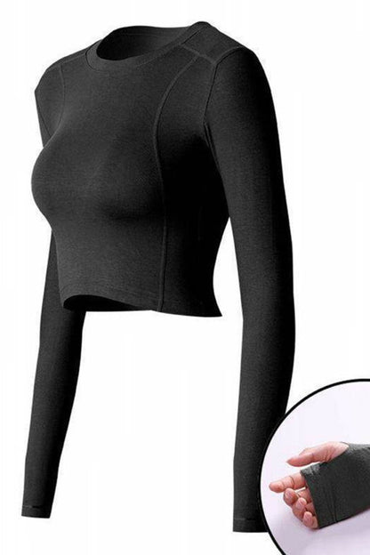 Black long-sleeve top on a white background