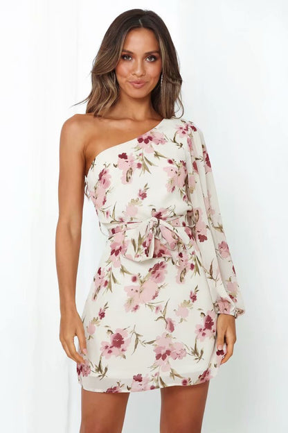 French Style Flare One Shoulder Daisy Printed Summer Dress