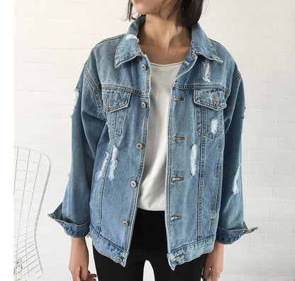 Women Frayed Ripped Denim Jacket