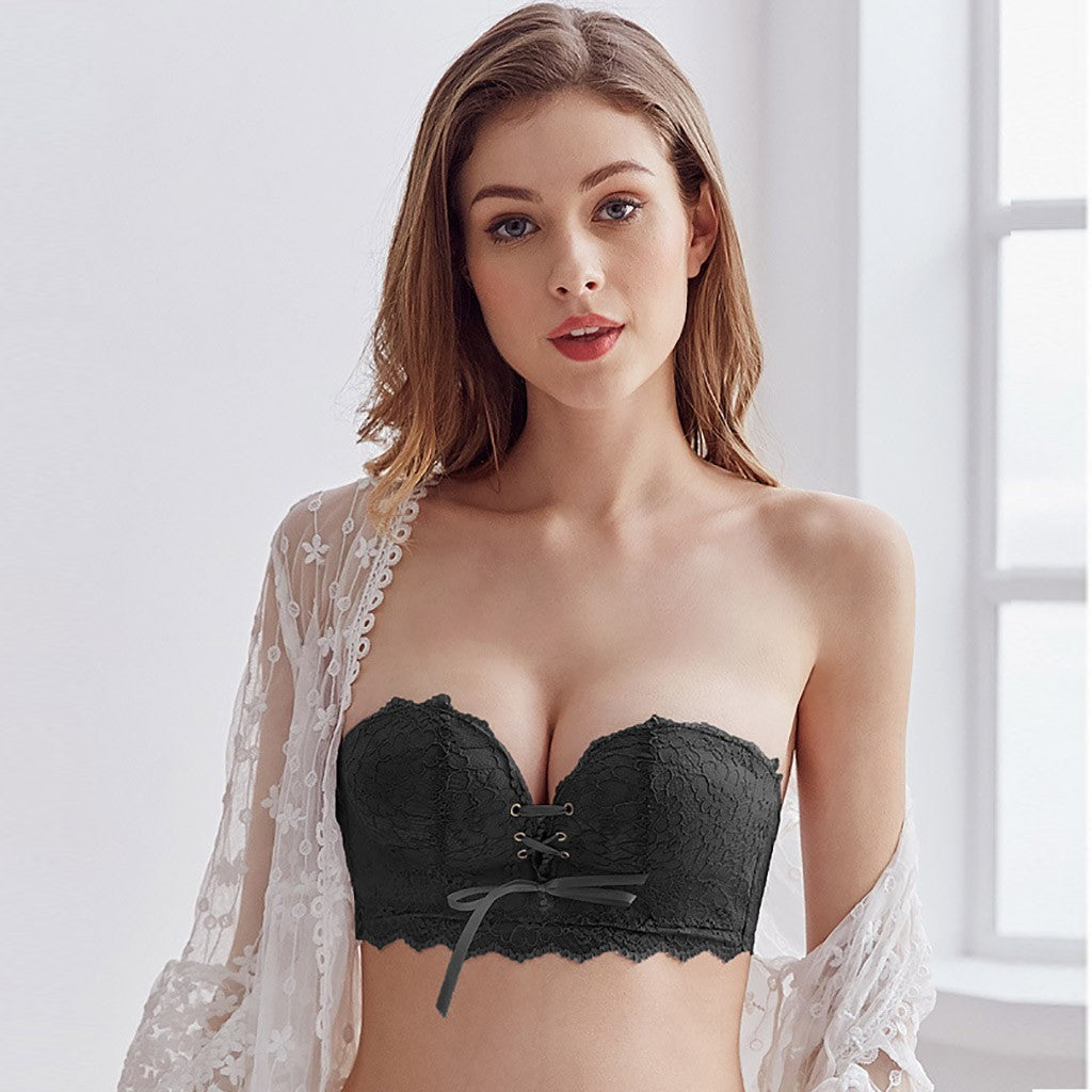 Strapless Gathered Lace Bra – Elegant Seamless Support, Comfortable Nylon Lining for Women