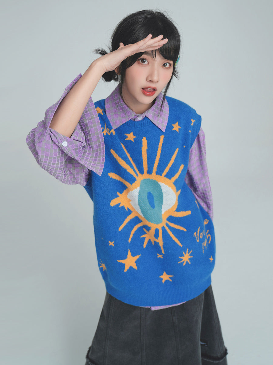 Knitted Sweater Vest for Women – Loose Fit Printed Knitwear in Blue & Purple