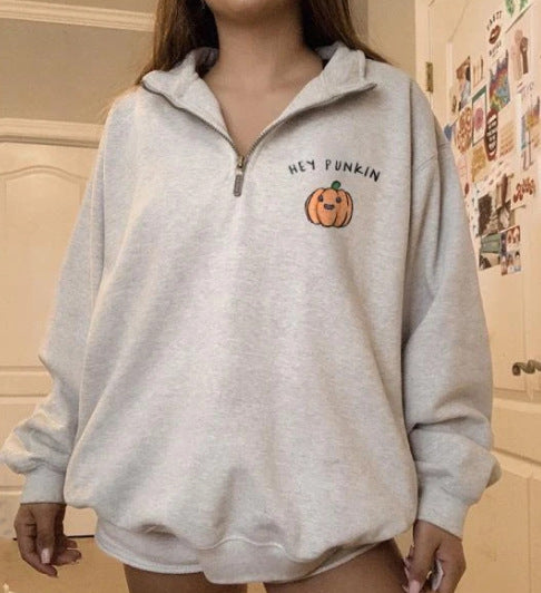 Plus Size Pumpkin Half Zip Sweatshirt – Casual Fall Pullover for Women