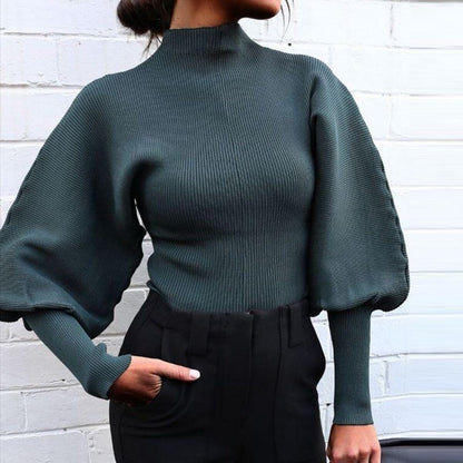 Solid Color Wool Turtleneck Sweater – Casual Knit Pullover with Lantern Sleeves