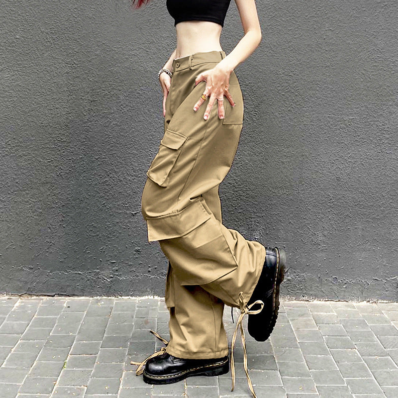 High Waist Cargo Pants Solid Color With Pocket And Button Details