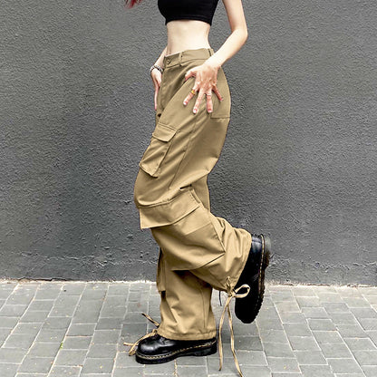 High Waist Cargo Pants Solid Color With Pocket And Button Details