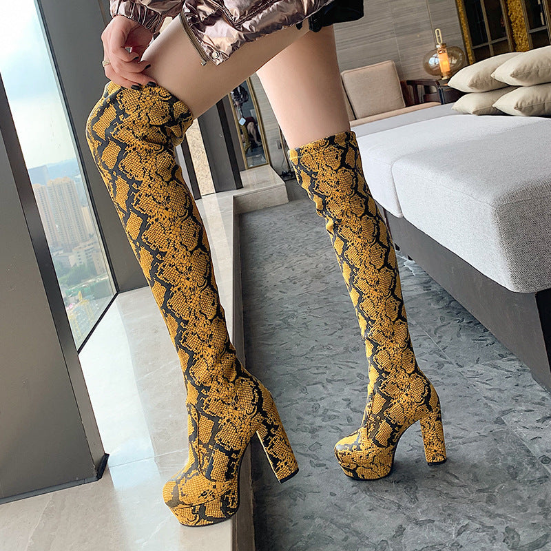 Platform Over-the-Knee Boots for Women | Thick Heel Snake Print Statement Boots