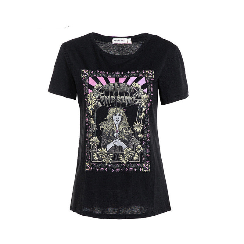 Women’s Retro Print T-Shirt – Vintage Graphic Casual Polyester Tee