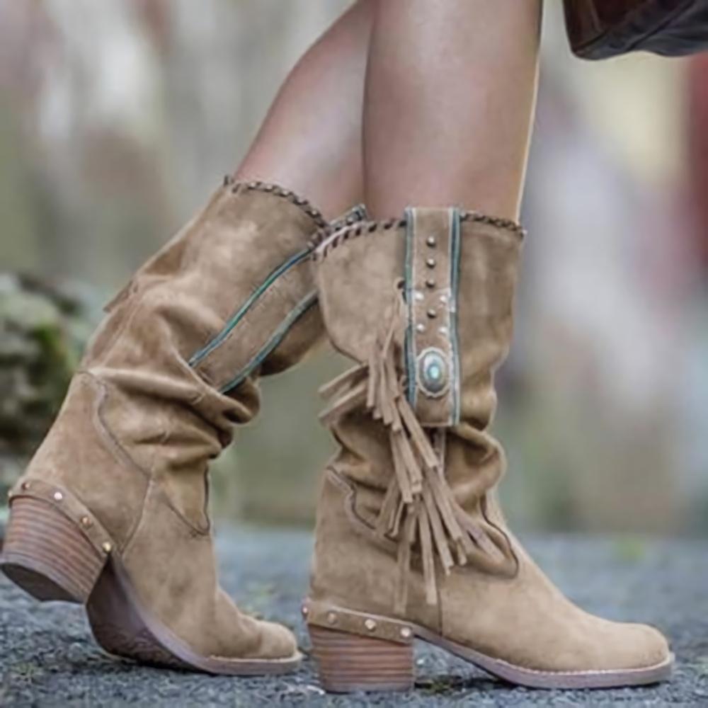 Tassel-Accented Mid Calf Boots for Women | Stylish PU Leather Mid Cylinder Boots