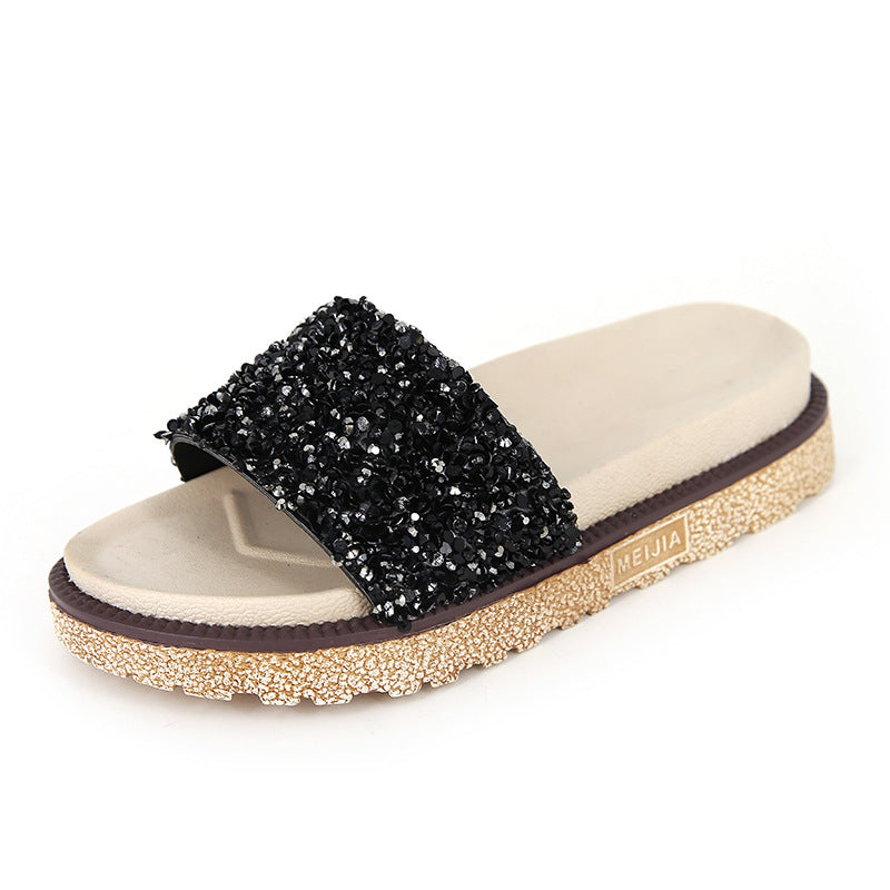 Korean Style Rhinestone & Sequin Slippers – Women’s Elegant Low Heel Flats