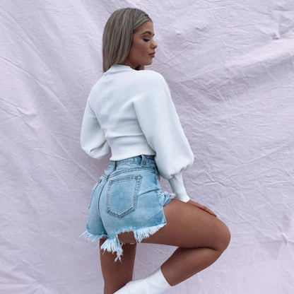 Solid Color Wool Turtleneck Sweater – Casual Knit Pullover with Lantern Sleeves