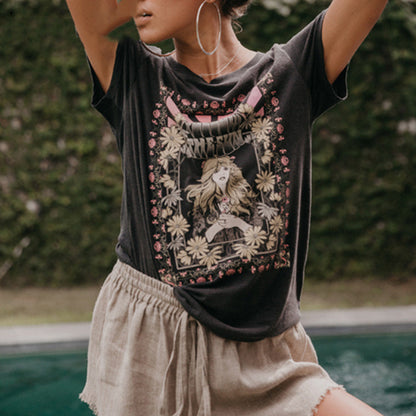 Women’s Retro Print T-Shirt – Vintage Graphic Casual Polyester Tee