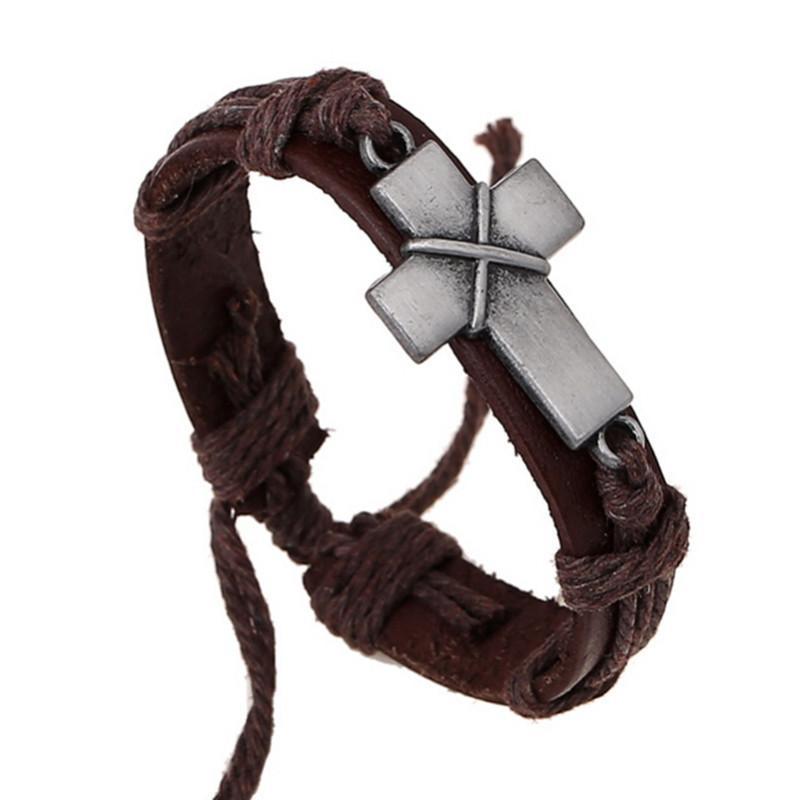 Brown Leather Cross Bracelet for Men – Adjustable Vintage Style Accessory