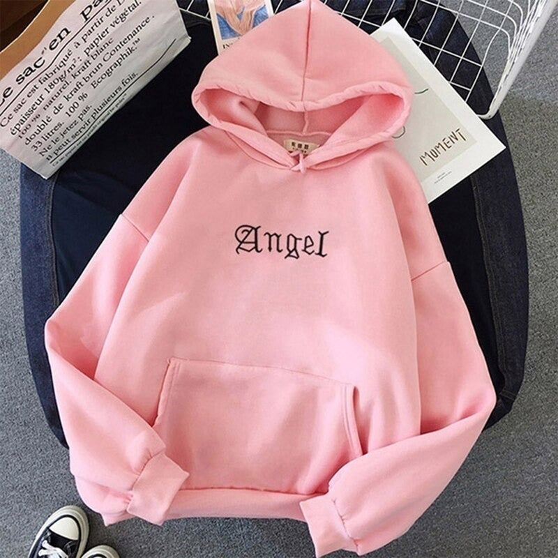 Korean Girl Angel Letter Print Sweatshirt – Trendy Hooded Cotton Hoodie