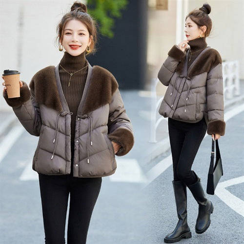 Women Cotton Padded Down Fur Hooded Edge Warm Parka