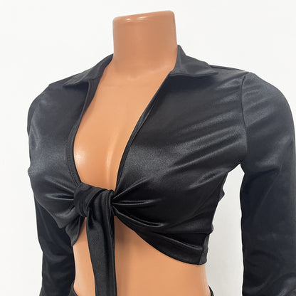 Elegant Two-Piece Skirt Set for Women – Satin Long Sleeve Outfit for Officewear & Autumn Style