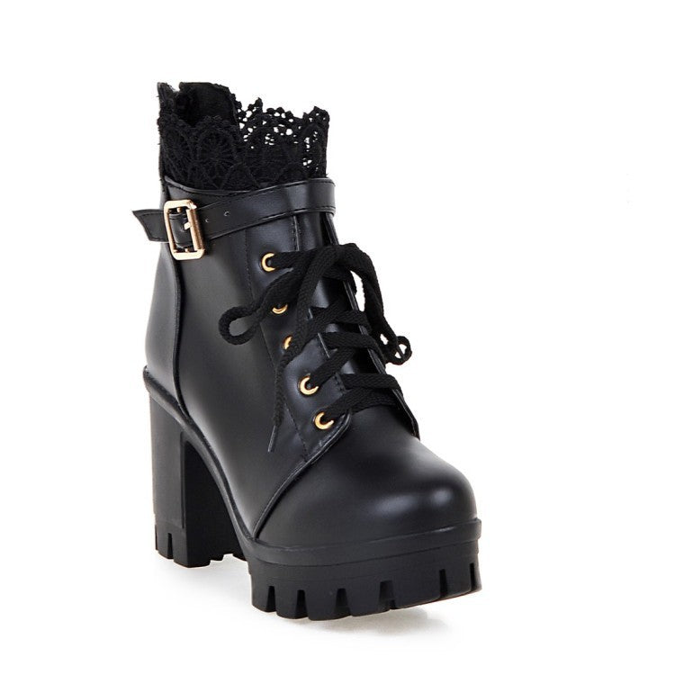 Lace-Up Ankle Boots for Women | Martin-Style PU Leather Boots with Square Thick Heel & Waterproof Platform