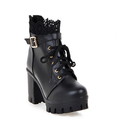 Lace-Up Ankle Boots for Women | Martin-Style PU Leather Boots with Square Thick Heel & Waterproof Platform