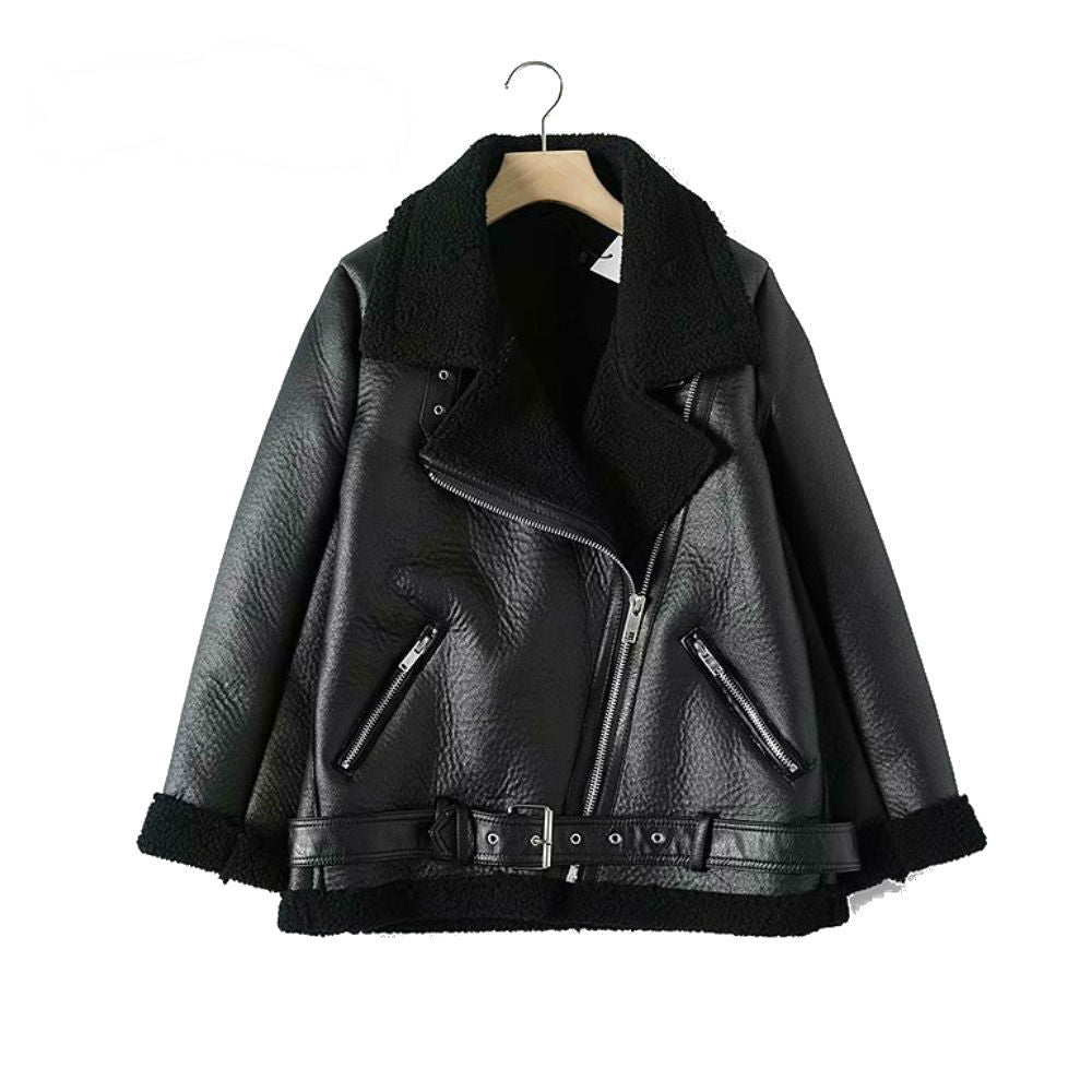 2023 Womens Extra Thick Lamb Leather Rider Jacket With Faux Fur