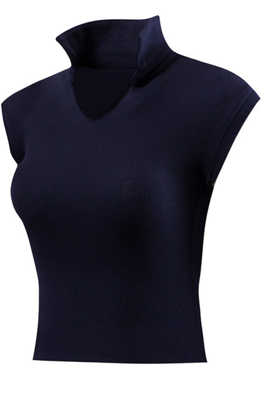 Navy blue sleeveless top with a high neckline on a white background