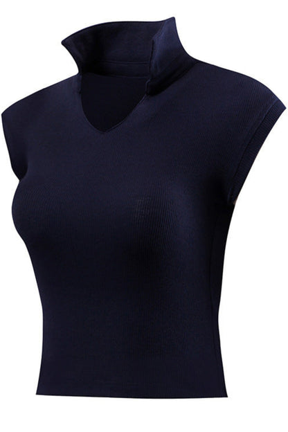 Navy blue sleeveless top with a high neckline on a white background