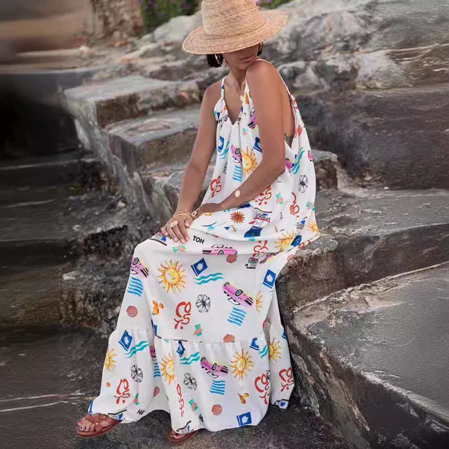 Fresh Summer Style Women V Neck Tapered Waist Dresses