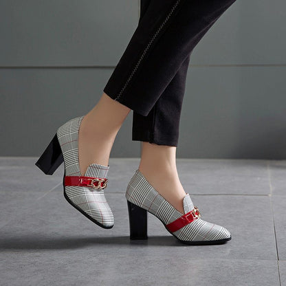 Women’s Metal-Decorative Single Shoes | Color-Block Square Toe Pumps