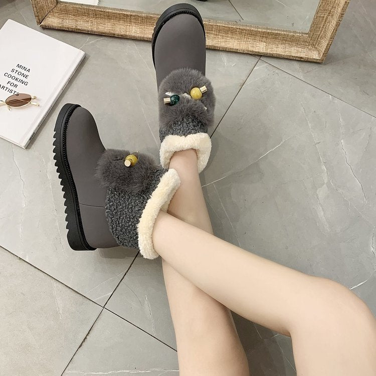 Warm Plush Inside Lace Up Flat Women Ankle Boots