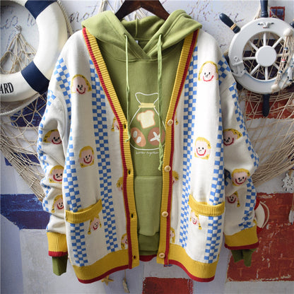 Smiley Face V-Neck Sweater – Cute Casual Knit Pullover for Women