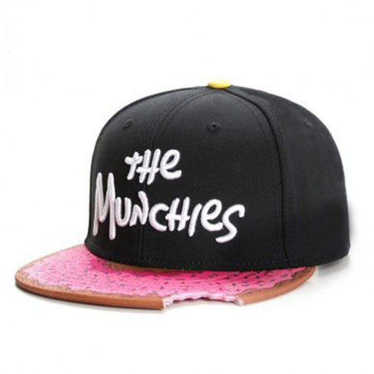 Black cap with pink brim and 'the Munchies' text on a white background