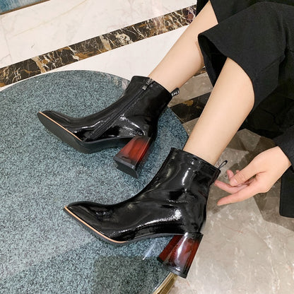 Square Heel Patent Leather Brillant Ankle Boots