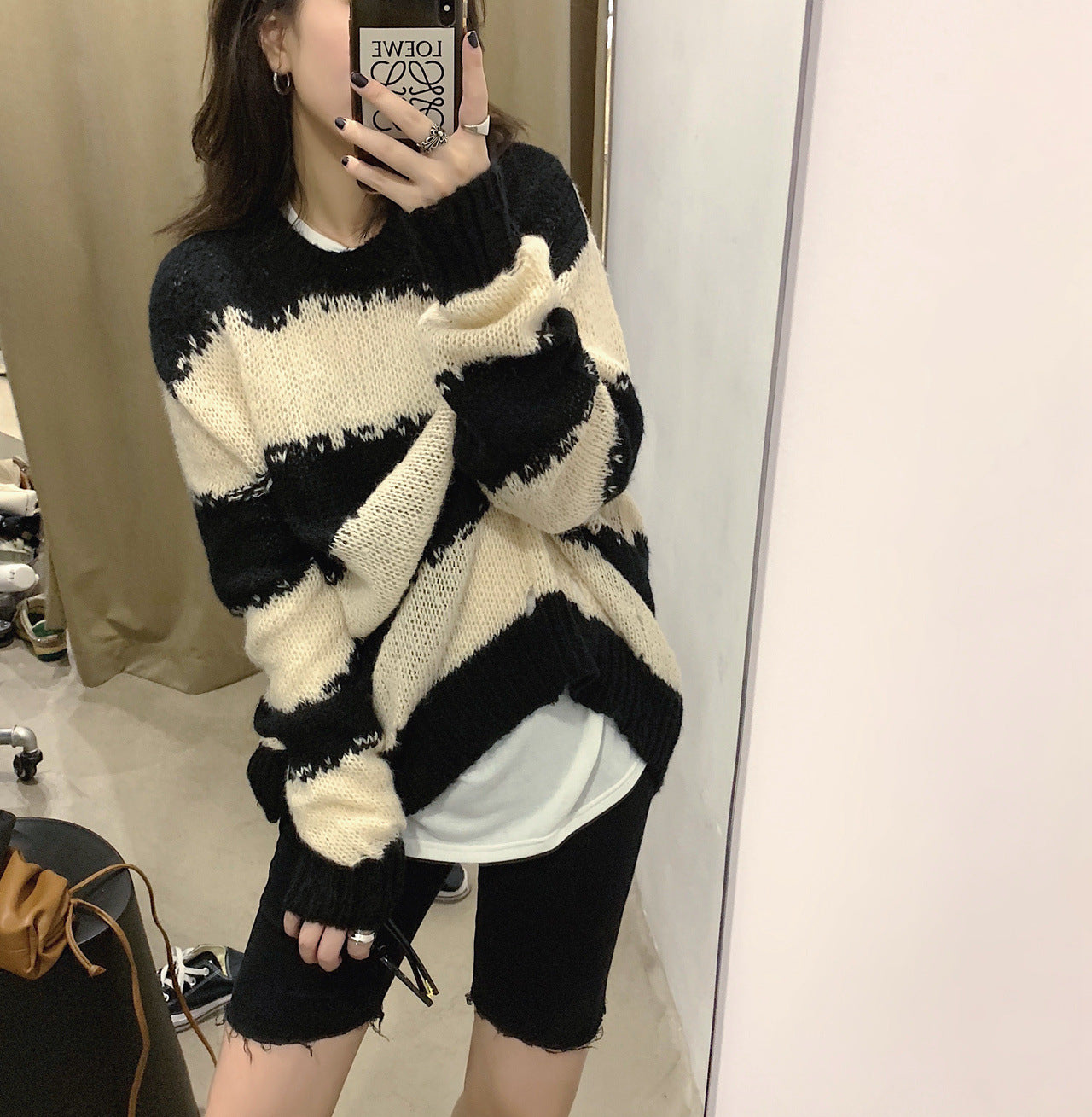 Multicolor Striped Loose Sweater – Casual Round Neck Knit Pullover for Women