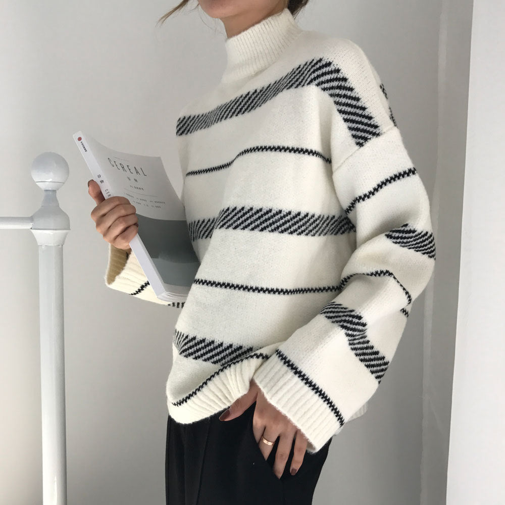 Women’s Retro Striped Turtleneck Sweater – Classic Knit Pullover