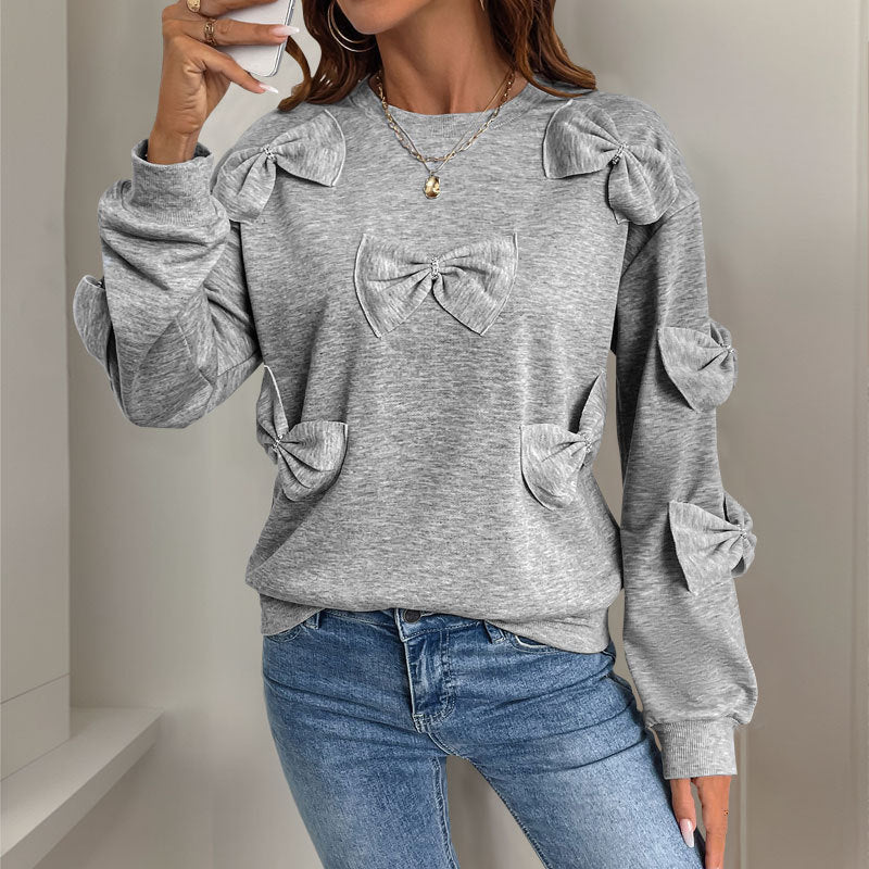 Casual Cool Bow Stitching Gray Round-Neck Cotton Sweaters for Women