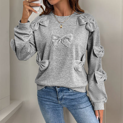 Casual Cool Bow Stitching Gray Round-Neck Cotton Sweaters for Women