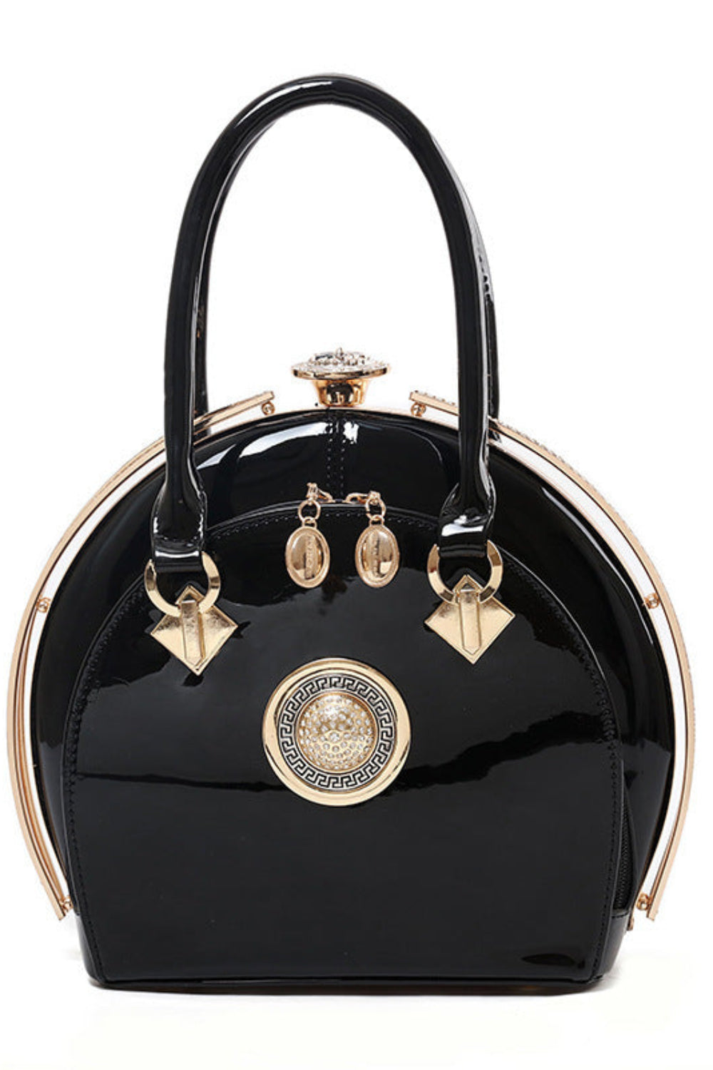 Black handbag with gold accents on a white background