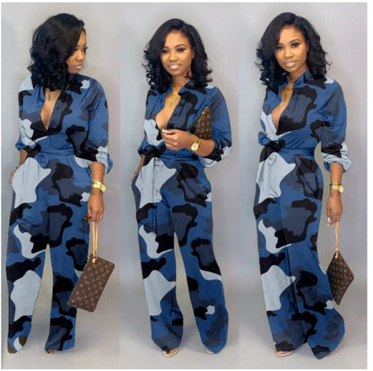 Womens Camouflage Long Sleeve Wide Leg Autumn Jumpsuit Rompers