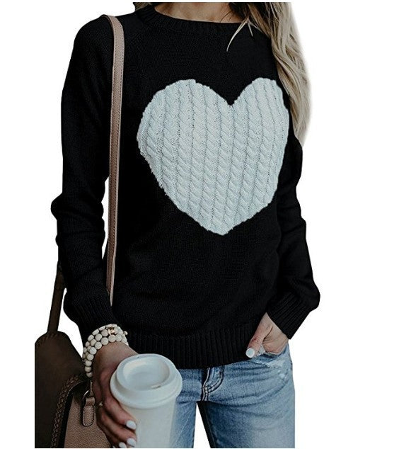 Women's Autumn & Winter Heart Pattern Pullover – Casual O-Neck Loose Knit Sweater