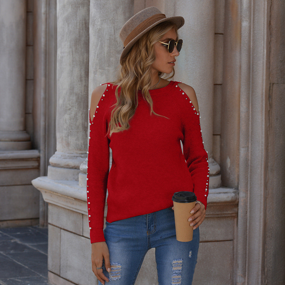 Beaded Off-Shoulder Knit Pullover – Fall & Winter Glam