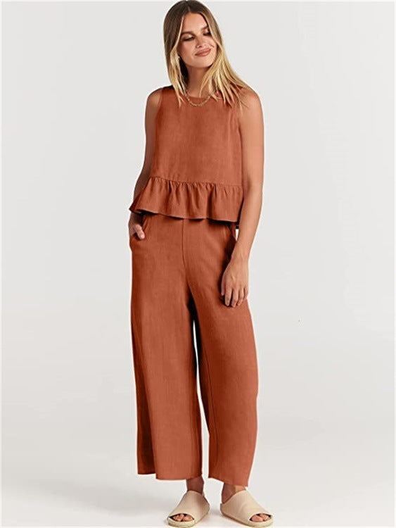 Pleated Sleeveless Vest & Wide-Leg Cropped Trousers Two-Piece Outfit Set | Chic Summer Vibes Style 2025