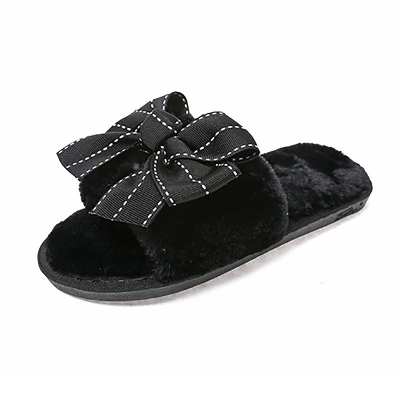 Furry Suede Women’s Slippers with Ribbon – Cozy Indoor Elegant Footwear