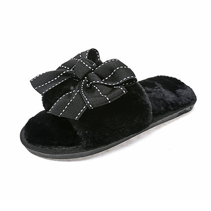Furry Suede Women’s Slippers with Ribbon – Cozy Indoor Elegant Footwear