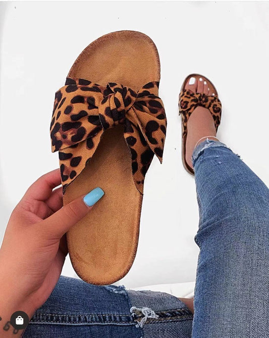 Big Ribbon Design Leopard Print Flat Slippers For Summer